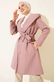 Kapüşonlu Kuşak Detaylı Kaşe Kaban Pudra thumbnail 1