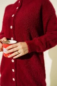 Gold Düğmeli Peluş Hırka Bordo thumbnail 4