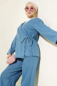 İp Bağlamalı V Yaka Kot İkili Takım Açık Mavi thumbnail 2