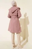 Kapüşonlu Kuşak Detaylı Kaşe Kaban Pudra thumbnail 3