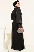 Yaka İnci Detaylı Kuşaklı Abiye Elbise Siyah thumbnail 3