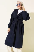 Cepli Kuşaklı Kruvaze Yaka Kaşe Kaban Lacivert - 2