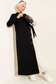 Düğmeli Yandan Bağlamalı Bisiklet Yaka Elbise Siyah - 1