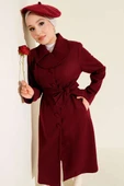 Yaka Düğmeli Kuşaklı Kaşe Kaban Bordo thumbnail 1