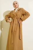 Düğmeli Kuşak Detaylı Kaşe Kaban Latte thumbnail 2