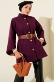 Gold Düğmeli Kaşe Panço Mor - 1