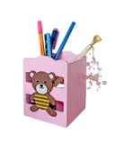 Ahşap Masaüstü Kalemlik Sevimli Ayıcık Çizgili Pembe - 1 Adet thumbnail 2