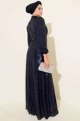 Kol Bağcıklı Pul Payet Abiye Elbise Lacivert thumbnail 3