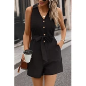 Lucky Life Kadın Sıfır Kollu Yakalı Düğmeli Belden Kuşaklı Kısa Keten Tulum - 3