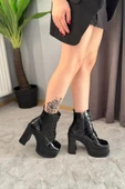 Kadın Simya Siyah Rugan Bağcıklı Detaylı 12 cm Platform Topuklu Fermuarlı Bot - 1