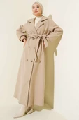 Düğmeli Kuşak Detaylı Kaşe Kaban Bej thumbnail 1