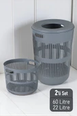 İronika Solara İkili Dekoratif Kirli Çamaşır Sepeti Seti Oyuncak Sepeti 60 - 22 Litre Gri - 1