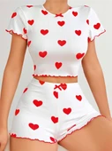 Kadın Beyaz kırmızı kalp Desenli şortlu Gecelik Takım 5023 thumbnail 1