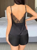 Kadın Siyah  Şort Askılı Dantel Üst Pijama Takımı 2233 thumbnail 2