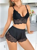 Kadın Siyah Dantel Detaylı Şortlu Pijama Takımı 5054 thumbnail 3