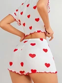 Kadın Beyaz kırmızı kalp Desenli şortlu Gecelik Takım 5023 thumbnail 2