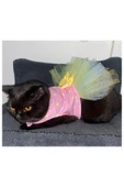 Gobo Renkli Puantiyeli Sarı Papyonlu Pembe Dişi Kedi Köpek Kıyafeti Elbisesi Medium/M/Beden 2 - 2