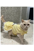 Gobo Sarı Beyaz Kareli Fiyonklu Cırtcırtlı Kedi Köpek Kıyafeti Elbisesi thumbnail 1
