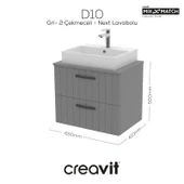 D10 Next Lavabo Dolabı İki Çekmeceli 65 cm Gri Lake Kapak thumbnail 1