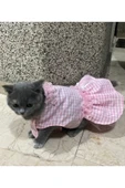 Gobo Pembe Beyaz Kareli Kurdeleli Güpürlü Kedi Köpek Kıyafeti Elbisesi Medium/M/Beden 2 - 2
