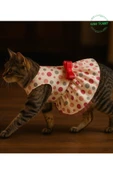 Gobo Şirin Puantiyeli Beyaz Kedi Köpek Kıyafeti Elbisesi Fuşya Fiyonklu SMALL/S/Beden 1 thumbnail 2