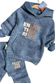 Erkek Çocuk Enjoy The Kalıp Baskılı Kapşonlu Sweatshirt Mavi Eşofman Takım thumbnail 5