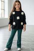 Kız Çocuk Üzeri Gül Figürlü 3 İplik Siyah Kazak Bol Kesim Skuba Kumaş Alt Üst Takım - 1