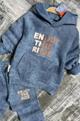 Erkek Çocuk Enjoy The Kalıp Baskılı Kapşonlu Sweatshirt Mavi Eşofman Takım thumbnail 2