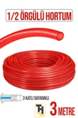 1/2 Örgülü Bahçe Hortumu Çatlamaz, Kırılmaz, Esnek (3 metre) Kırmızı thumbnail 1