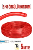 5/8 Örgülü Bahçe Hortumu Çatlamaz, Kırılmaz, Esnek (5 metre) Kırmızı thumbnail 1