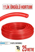 1'Lik Örgülü Bahçe Hortumu Çatlamaz, Kırılmaz, Esnek (25 metre) Kırmızı thumbnail 1