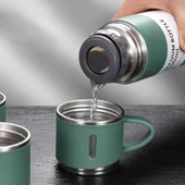 Dekorasyaa - Yeşil - Paslanmaz Çelik 3 Bardaklı Termos 500 ml - Çanta Hediyeli - 12 Saat Sıcak Soğuk - 3