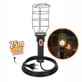 Siyah 25 mt Plastik Saplı Metal Koruma Kafesli kablolu E27 Standart Duy Seyyar El Lambası thumbnail 2