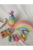 7'li Waldorf Gökkuşağı, Yıldız Kule, Peg Bebek Tabla Seti, Waldorf Eğitsel Ahşap Oyuncak Jumbo Set thumbnail 2