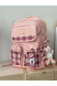 Kız Çocuk İlköğretim Çantası Ultra Hafif ilkokul / Ortaokul Okul Çantası Pembe- Pudra Ekose Cep - 4