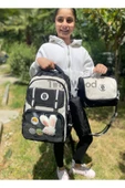 Kawaii Kore Tarzı Aksesuarlı Ve Ergonomik Okul Sırt Çantası Siyah-Bej-Gri| Beslenme, Kalemlik Set - 2