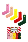 Unisex 5’li Nakışlı Meyve Desenli Renkli Çorap Seti | Hediye Kutulu Pamuklu Çoraplar - 1