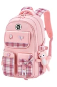 Kız Çocuk İlköğretim Çantası Ultra Hafif ilkokul / Ortaokul Okul Çantası Pembe- Pudra Ekose Cep - 1