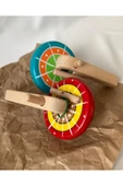 Ahşap Çek Fırlat Topaç Renkli Desenli Ipli Topaç Doğal Ahşap Oyuncak - 1