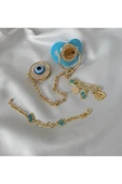 Altın Kaplama Nazar Boncuklu Zirkon Emzik Seti – Maşallah İğnesi & Bebek Künyesi Dahil - 1
