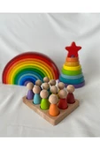 12'li Waldorf Gökkuşağı, Yıldız Kule, Peg Bebek Tabla Seti, Waldorf Eğitsel Ahşap Oyuncak Jumbo Set thumbnail 1