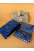 Simli Kapaklı Defter, Makyaj / Kalem Çantası ve 1 Adet Kalem Hediyelik Set Lacivert - 1