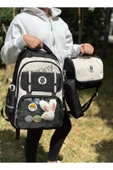 Kawaii Kore Tarzı Aksesuarlı Ve Ergonomik Okul Sırt Çantası Siyah-Bej-Gri| Beslenme, Kalemlik Set - 10