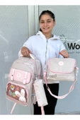 Kawaii Kore Tarzı Aksesuarlı Ve Ergonomik Okul Sırt Çantası Siyah-Bej-Gri| Beslenme, Kalemlik Set - 1