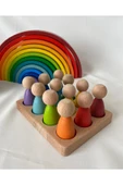 1 Yaş 12'li Waldorf Gökkuşağı Peg Bebek Tabla Seti, Waldorf Renk Eşleştirme Ahşap Oyuncak Seti - 5