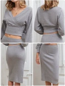 Kruvaze şardonlu etekli takım gri thumbnail 8