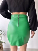 Dantelli fermuarlı deri etek yeşil thumbnail 7