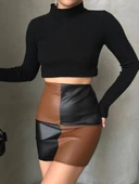 Damalı deri etek siyah kahve w24648 thumbnail 11