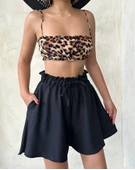 Volanlı keten şort siyah s255058 thumbnail 2