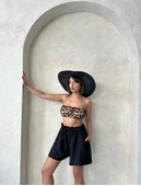 Volanlı keten şort siyah s255058 thumbnail 5